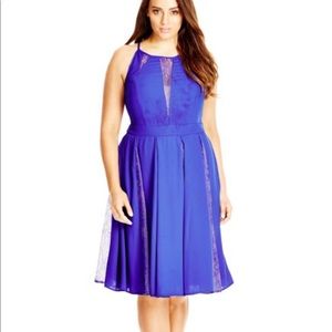 City Chic Lace Insert Chiffon Dress in lagoon blue
